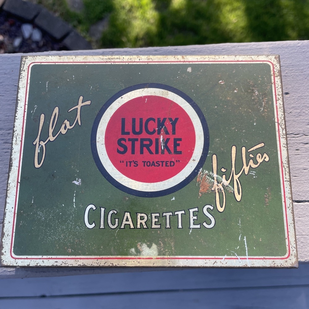 Lucky Strike Flat Fifties Cigarette Tin Advertising Tobacco Tin Vintage